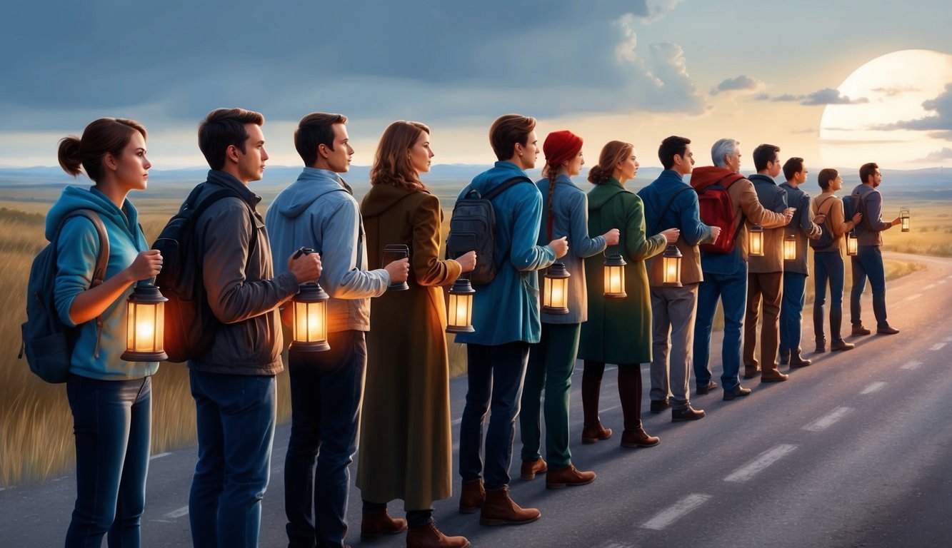 A group of people standing in a line, each holding a lantern and looking out into the distance with a sense of urgency and readiness