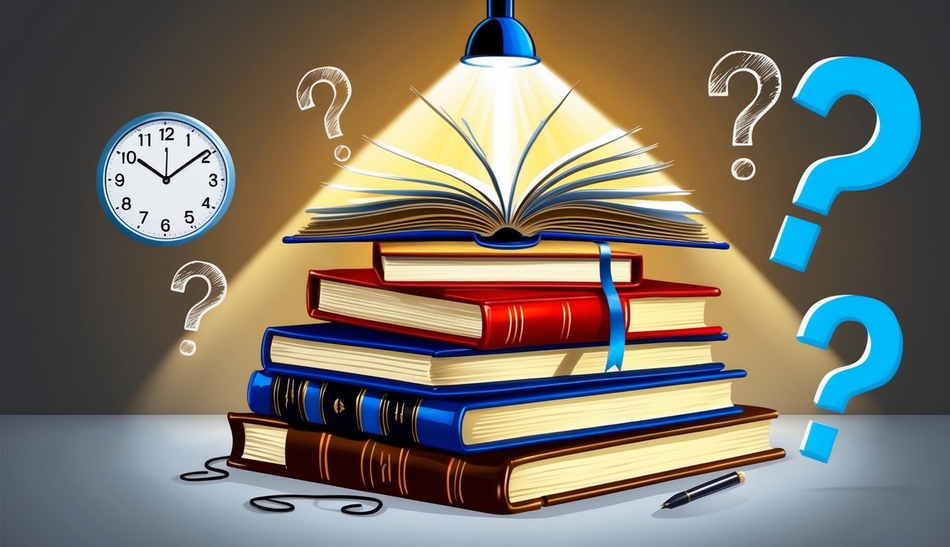 A stack of open books with a spotlight shining down on them, surrounded by question marks and a clock showing the time