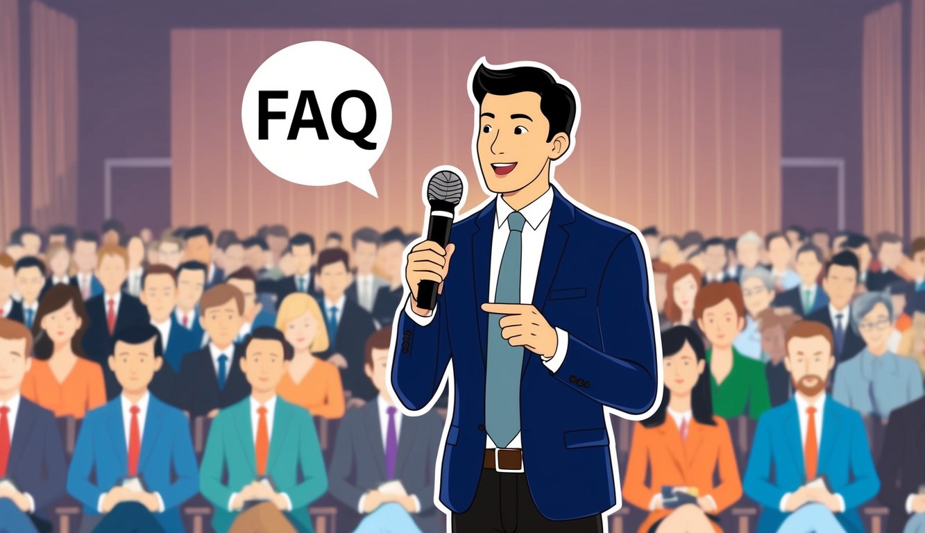 A person standing in front of a crowd, holding a microphone and answering questions with a FAQ sign in the background