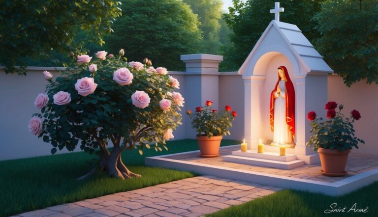 Statue of Virgin Mary in a grotto with roses and candles