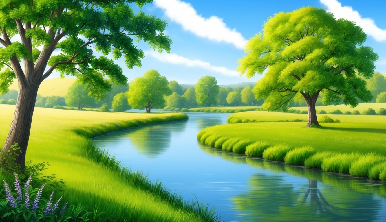 A serene countryside with a peaceful river, lush greenery, and a clear blue sky, evoking a sense of contentment and harmony