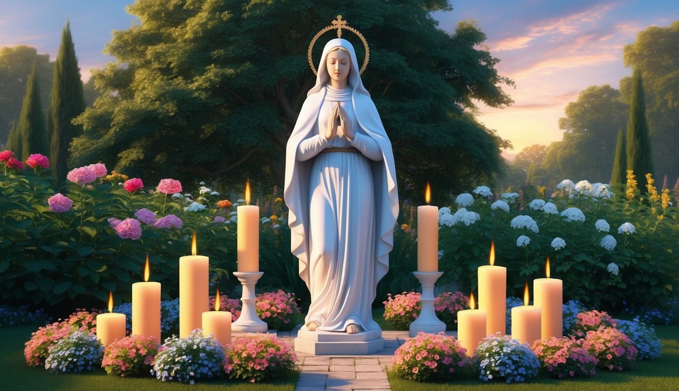 A serene garden with a statue of Saint Anne surrounded by flowers and candles, with a sense of peaceful devotion in the air