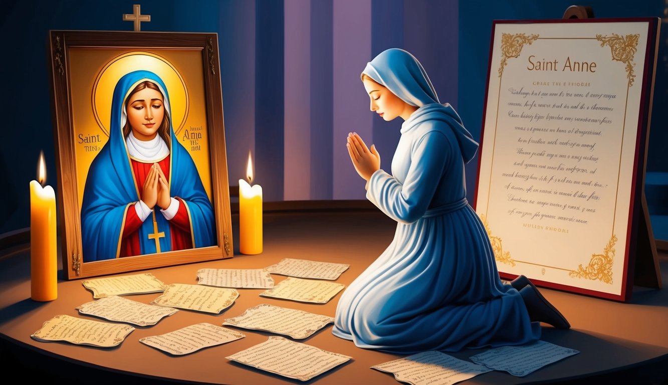 A serene figure kneels in prayer before an image of Saint Anne, surrounded by flickering candles and a collection of written prayers