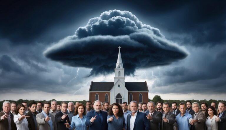 Group of people pointing at a church under a stormy sky