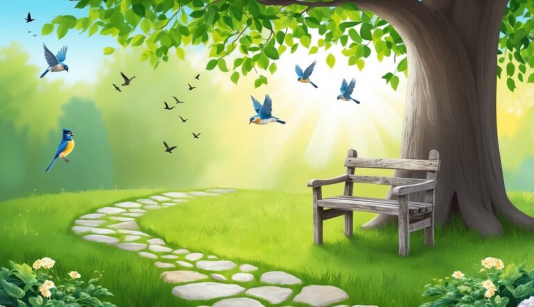A park scene with birds, a bench, and a stone path under a tree