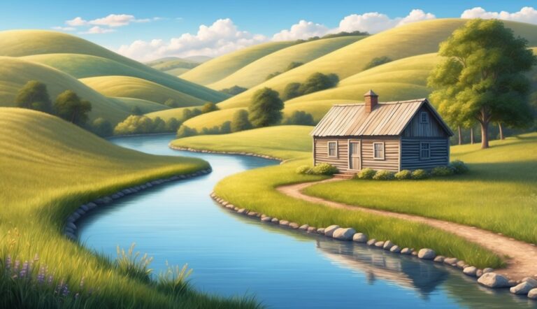 Wooden cabin beside a winding river in a rolling green landscape