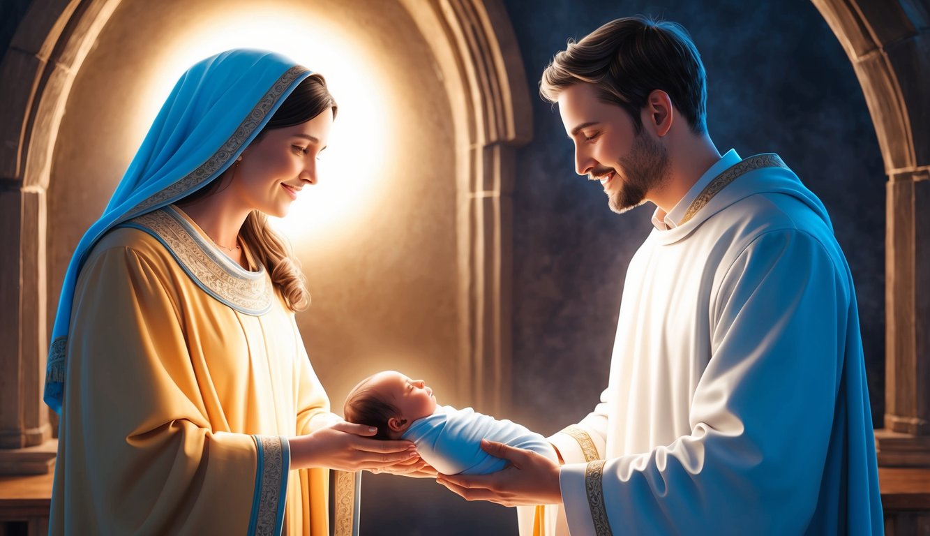 A woman and a man stand in a holy place, surrounded by light, as they name their newborn son, John