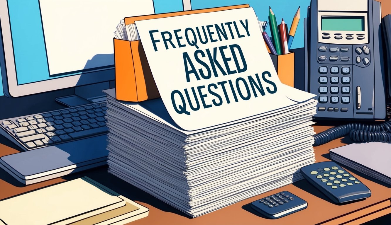 A stack of paper with "Frequently Asked Questions" printed on top, surrounded by a computer, phone, and other office supplies