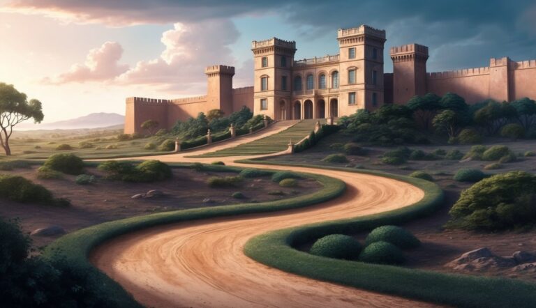 A winding road leads to a castle with tall towers and walls