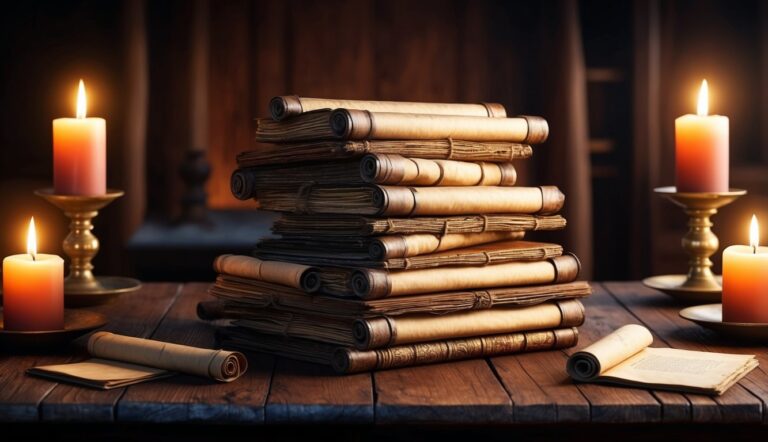 Stack of old scrolls and candles on a wooden table