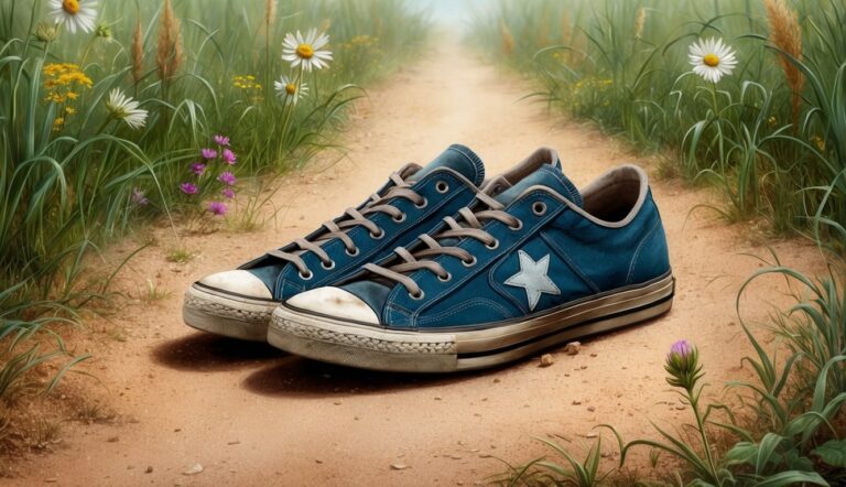Blue sneakers with a star logo on a dirt path with flowers
