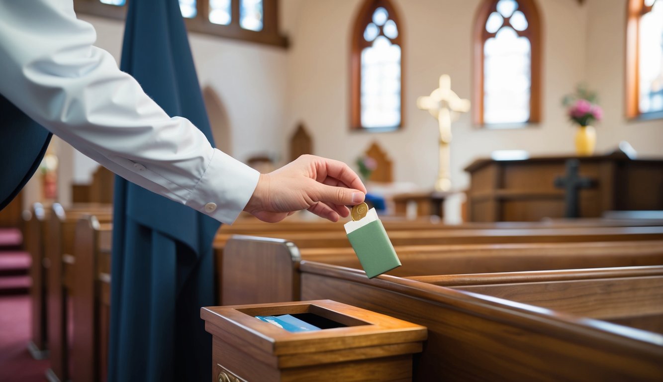 A person placing a small offering into a collection box in a place of worship