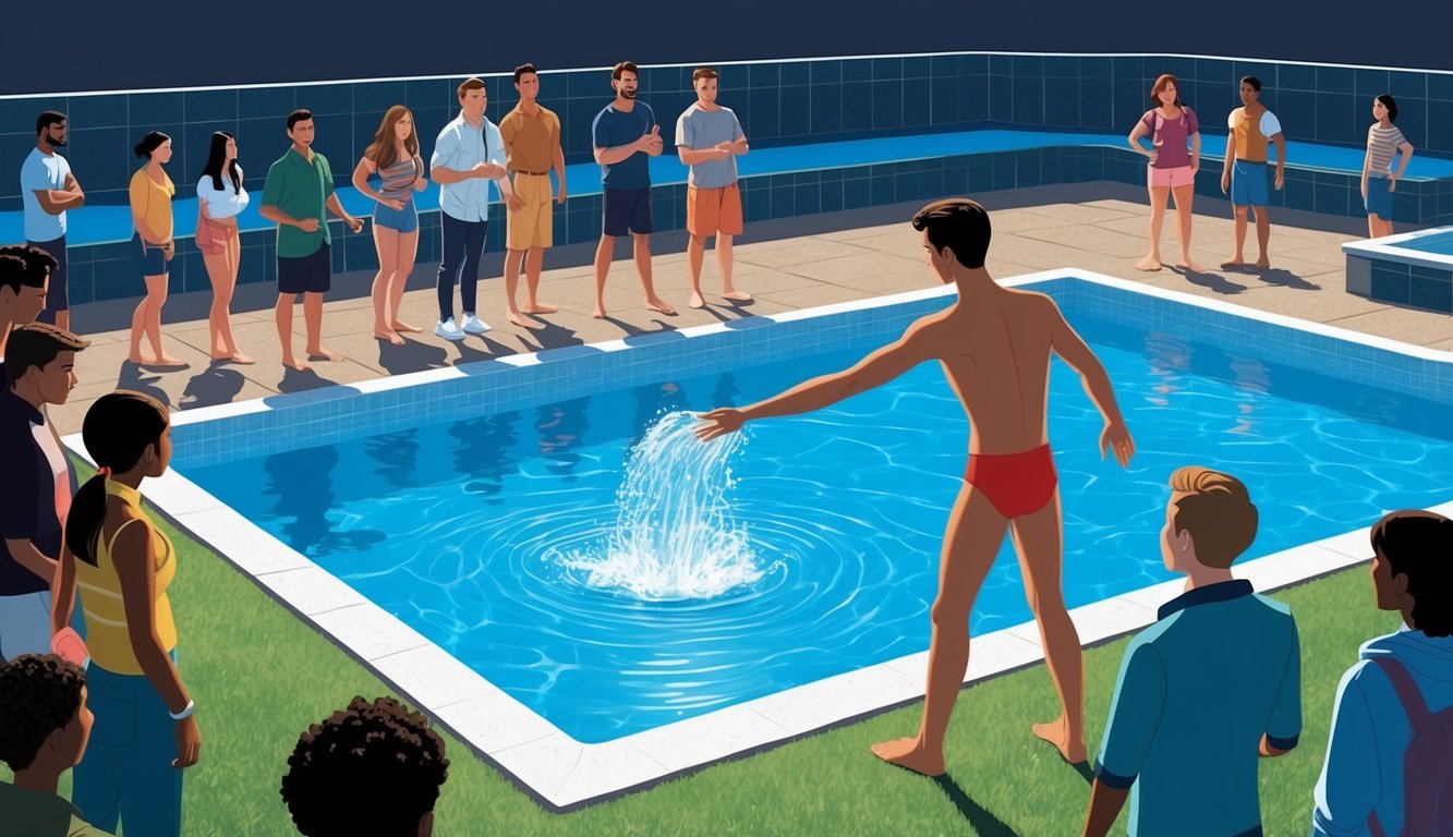 A figure standing by a pool, surrounded by people, reaching out to touch the water