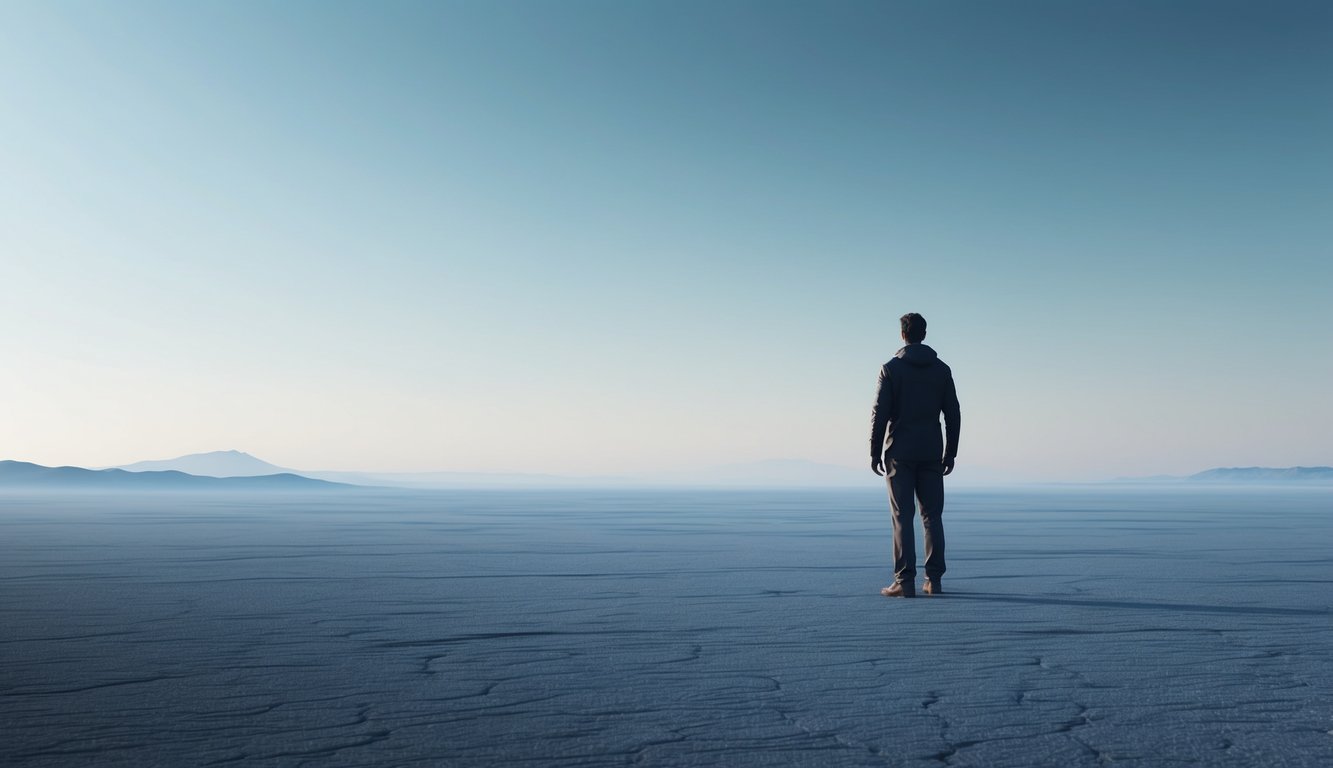 A lone figure standing in a vast, serene landscape, with a clear sky and a sense of peace and security emanating from the surroundings