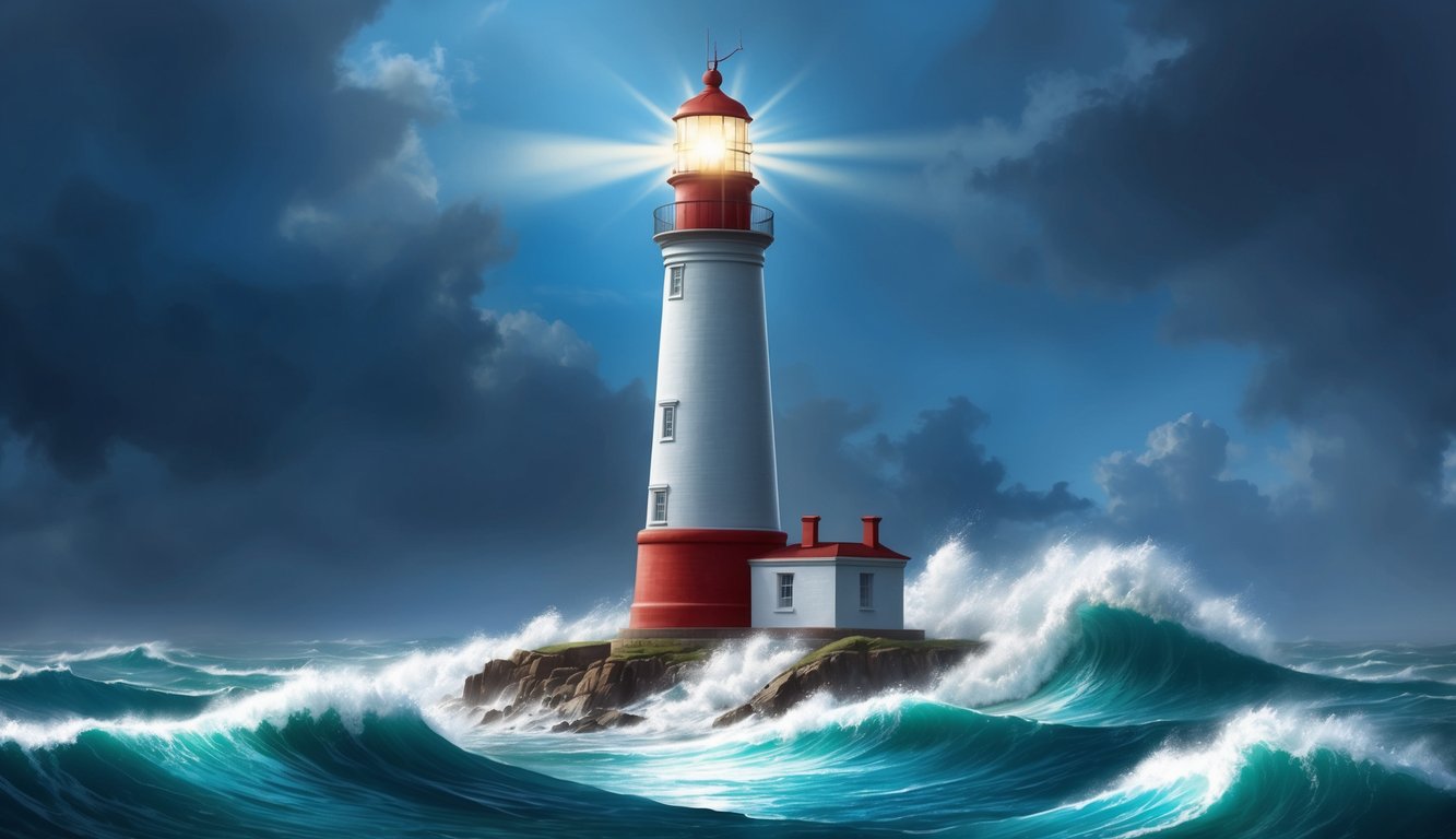 A shining lighthouse standing tall amidst stormy waves, guiding ships to safety