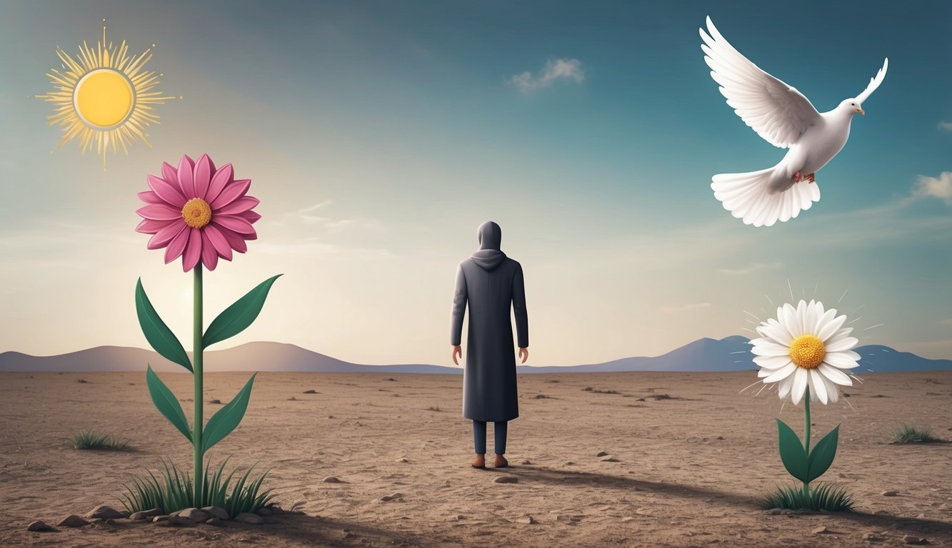 A solitary figure stands in a barren landscape, surrounded by symbols of hope and redemption - a blooming flower, a rising sun, and a dove in flight