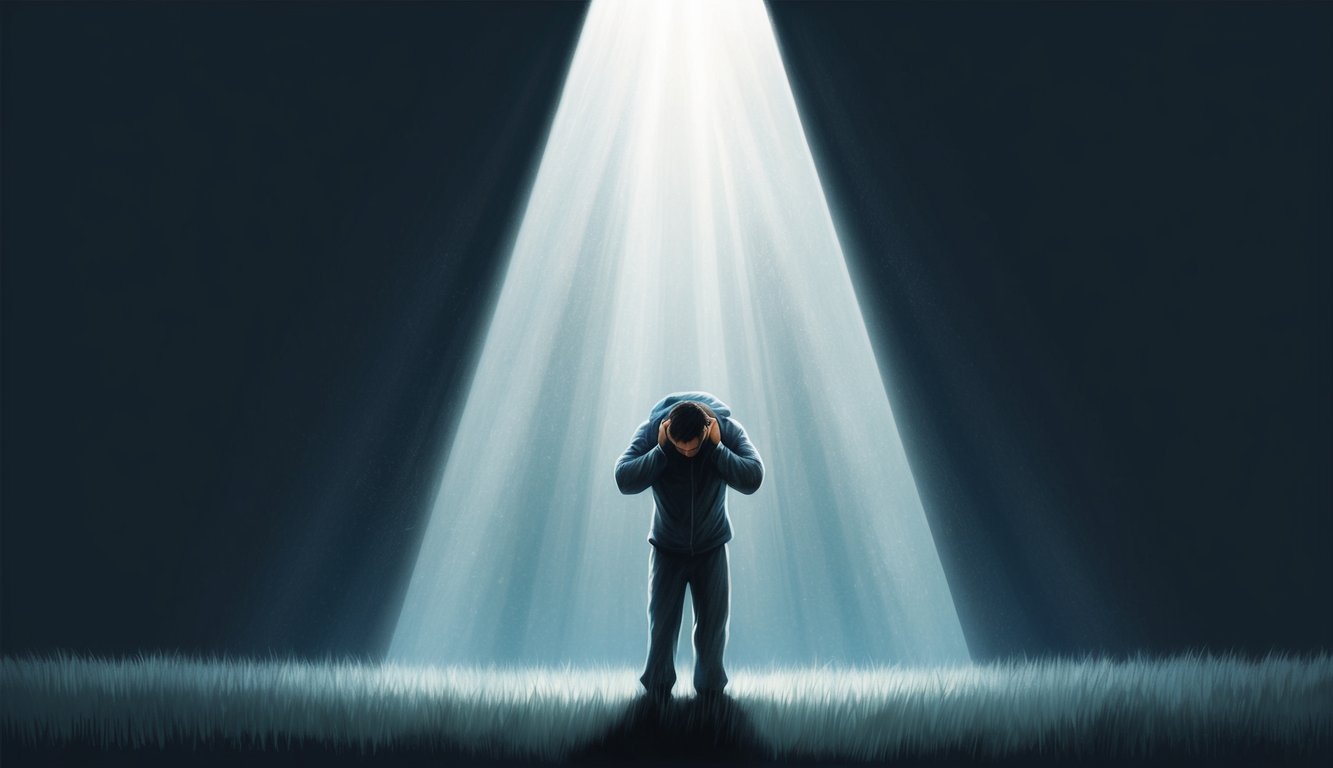 A solitary figure stands in a beam of light, surrounded by darkness.</p><p>The figure appears burdened, yet radiates a sense of peace and strength