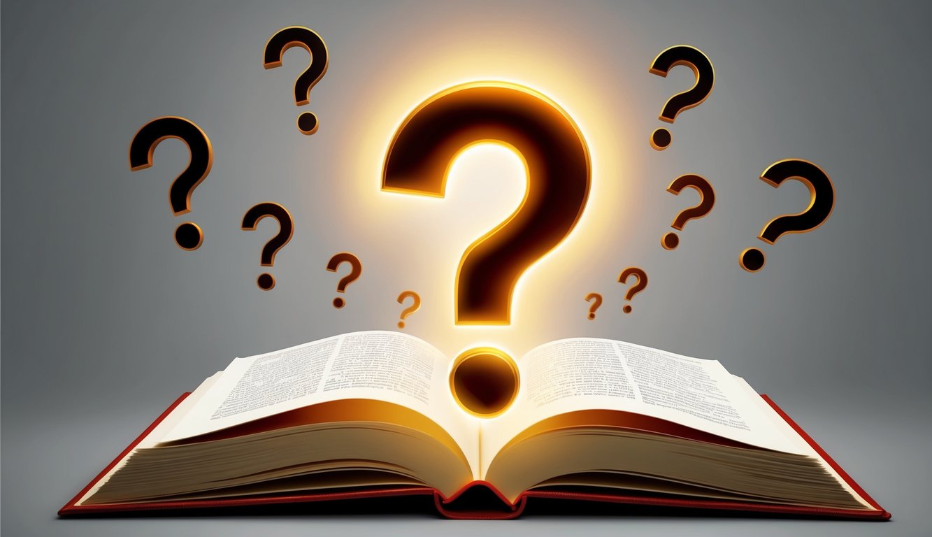 A glowing question mark hovering over an open book, surrounded by smaller question marks