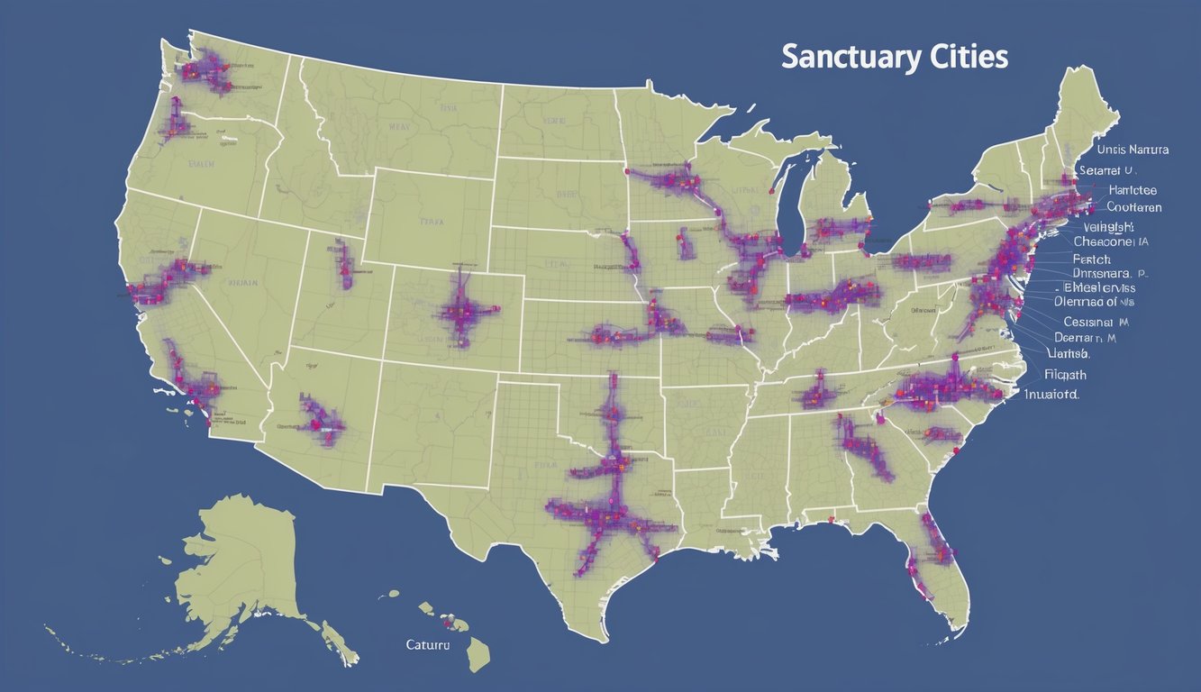 A map of the United States with various cities highlighted in different colors to represent sanctuary cities