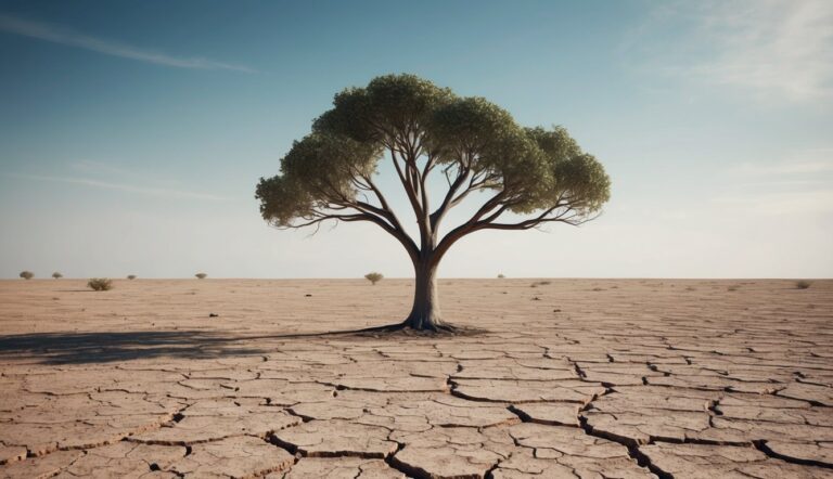 Large tree in a cracked desert landscape under a clear blue sky