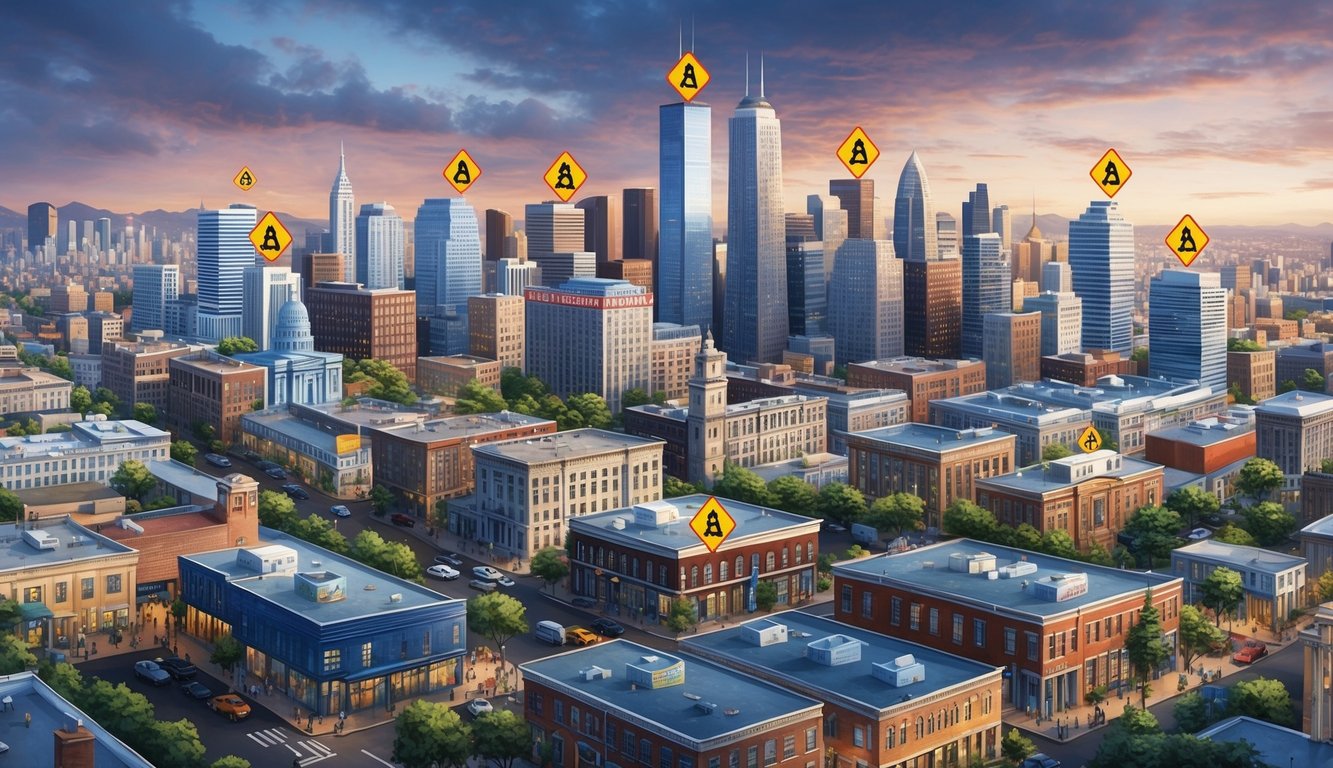 A bustling city skyline with various buildings and neighborhoods, some marked with symbols representing sanctuary status, surrounded by heated debates and protests