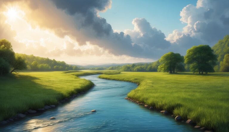 Scenic landscape with a winding river, green fields, trees, and cloudy sky