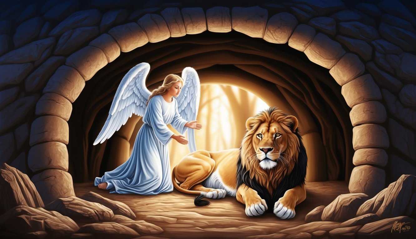 A lion's den with an angelic figure watching over it