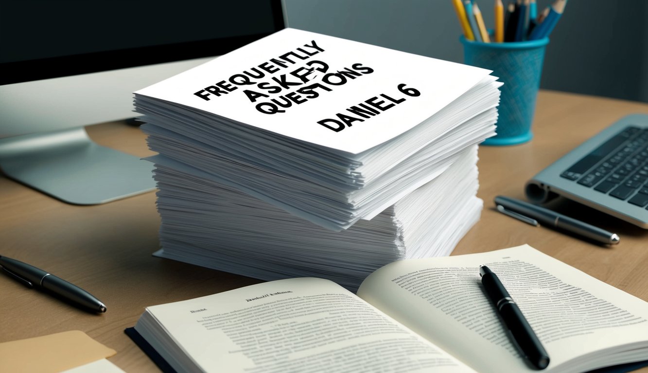 A stack of paper with the title "Frequently Asked Questions daniel 6" on top, surrounded by a computer, pen, and open book