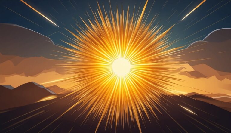 Bright sunburst over a mountain range, with streaks of light in the sky