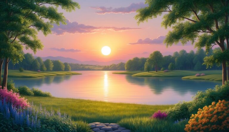 Sunset over a calm lake, framed by trees and colorful flowers