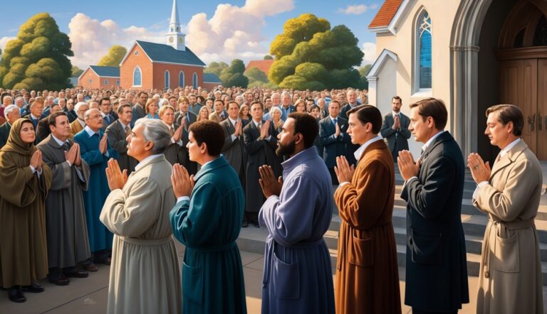 People praying outside a church, with a large crowd in the background