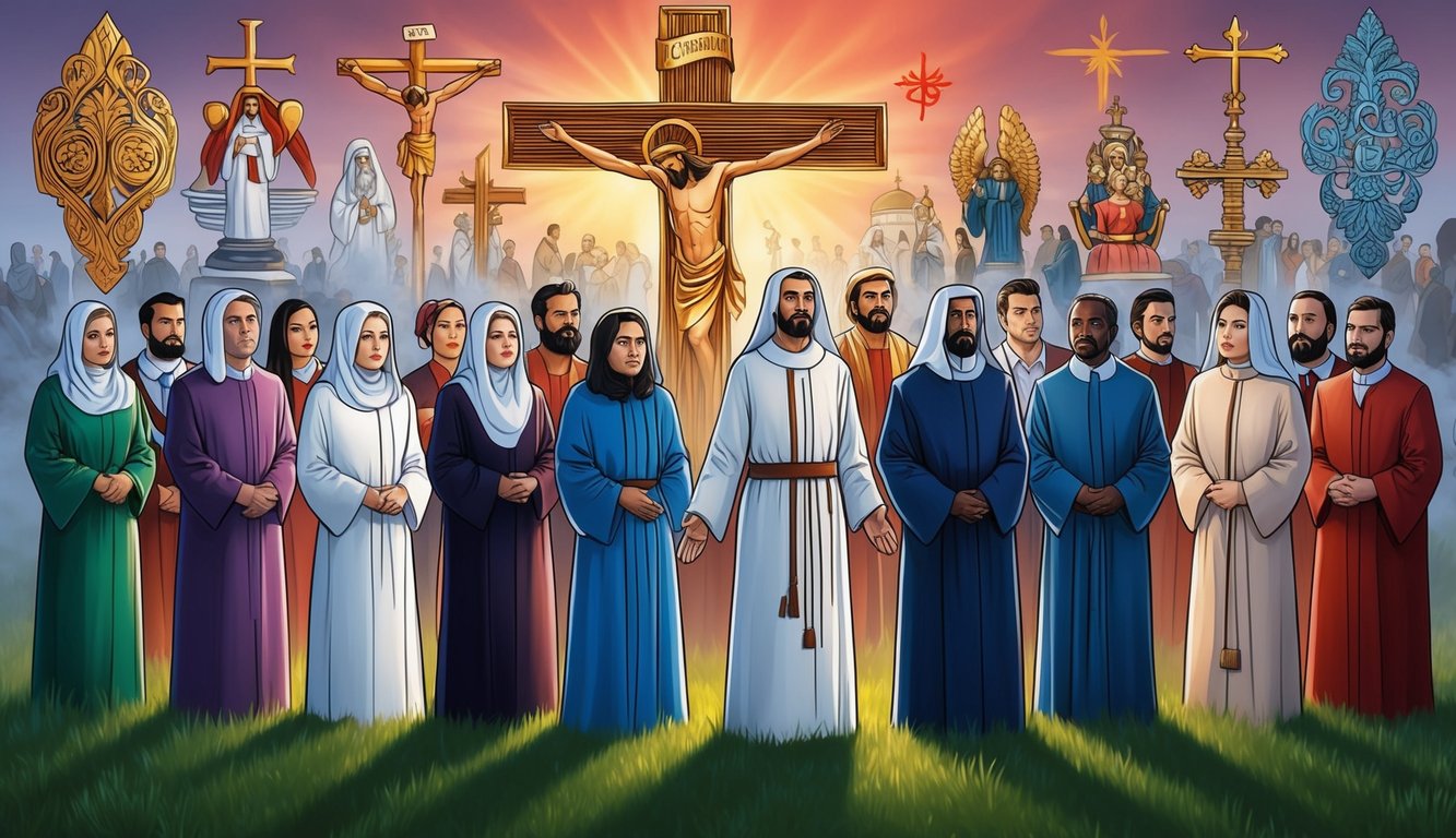 A group of Christians standing firm amidst societal and religious influences, symbolized by conflicting symbols and traditions