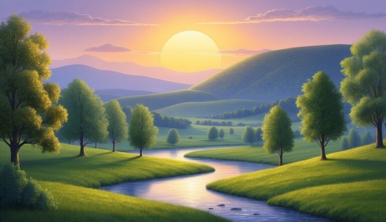Sunset over a river winding through green hills with trees