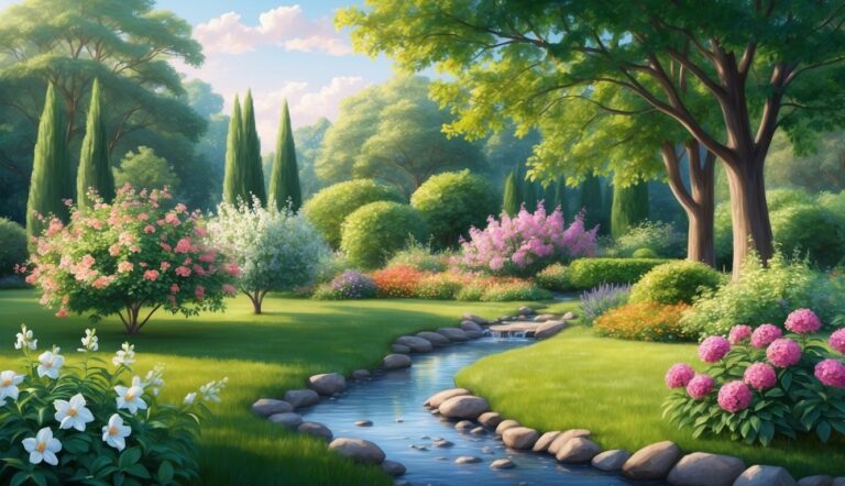 A lush garden scene with a stream, flowers, trees, and green grass