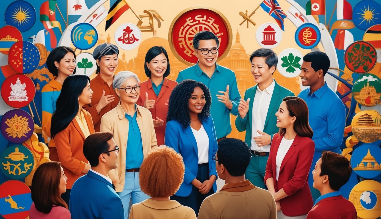 A diverse group of people conversing in different languages, surrounded by symbols of various cultures