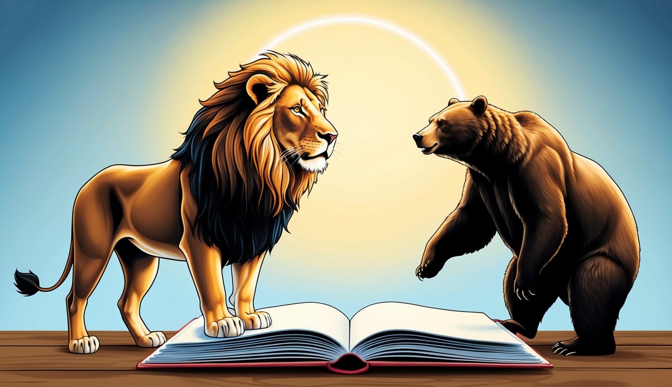 A lion and a bear standing on either side of a large, open book with a halo of light above it