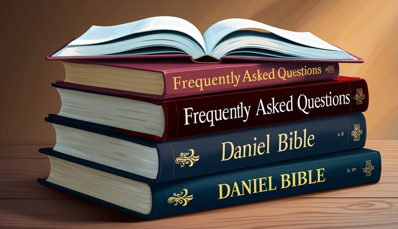 A stack of open books with "Frequently Asked Questions" and "Daniel Bible" on the covers