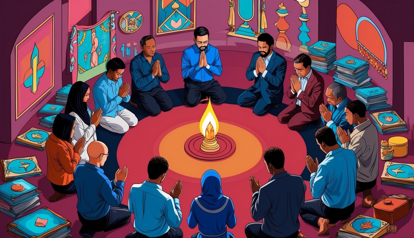 A group of people praying in a circle, surrounded by cultural symbols and pressures