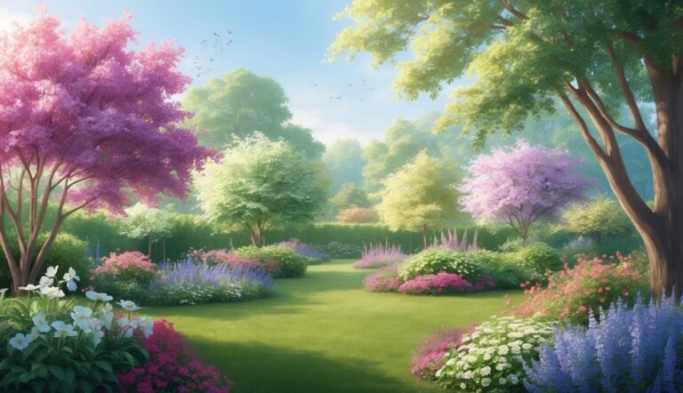 Lush garden scene with colorful trees, flowers, and green grass under a blue sky