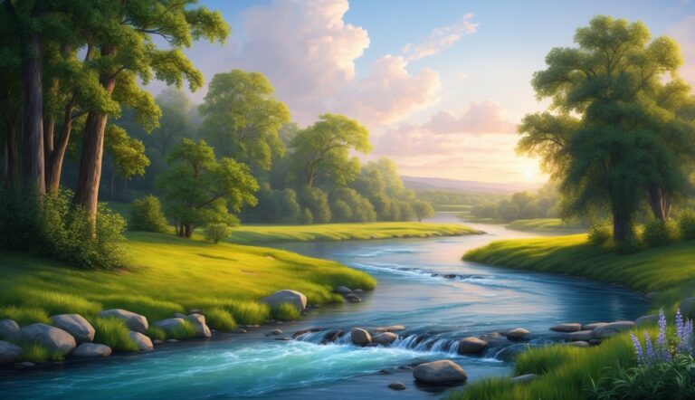 Scenic landscape with a river, trees, and a sunset