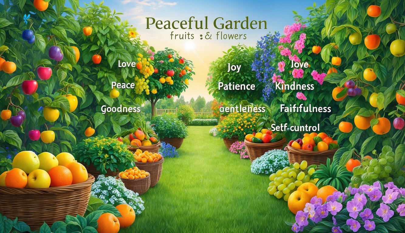 A peaceful garden with vibrant fruits and flowers, symbolizing love, joy, peace, patience, kindness, goodness, faithfulness, gentleness, and self-control