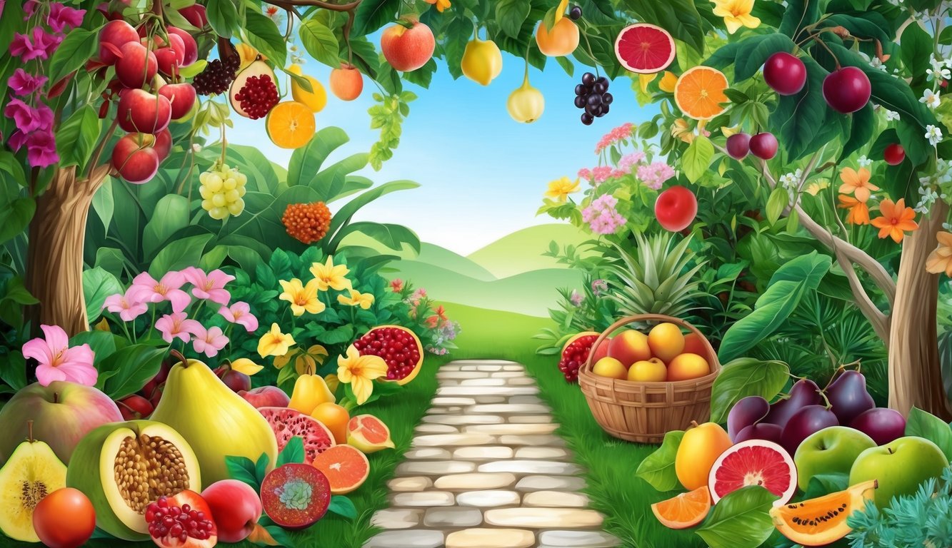 A tranquil garden with diverse fruits and flowers, radiating joy and peace