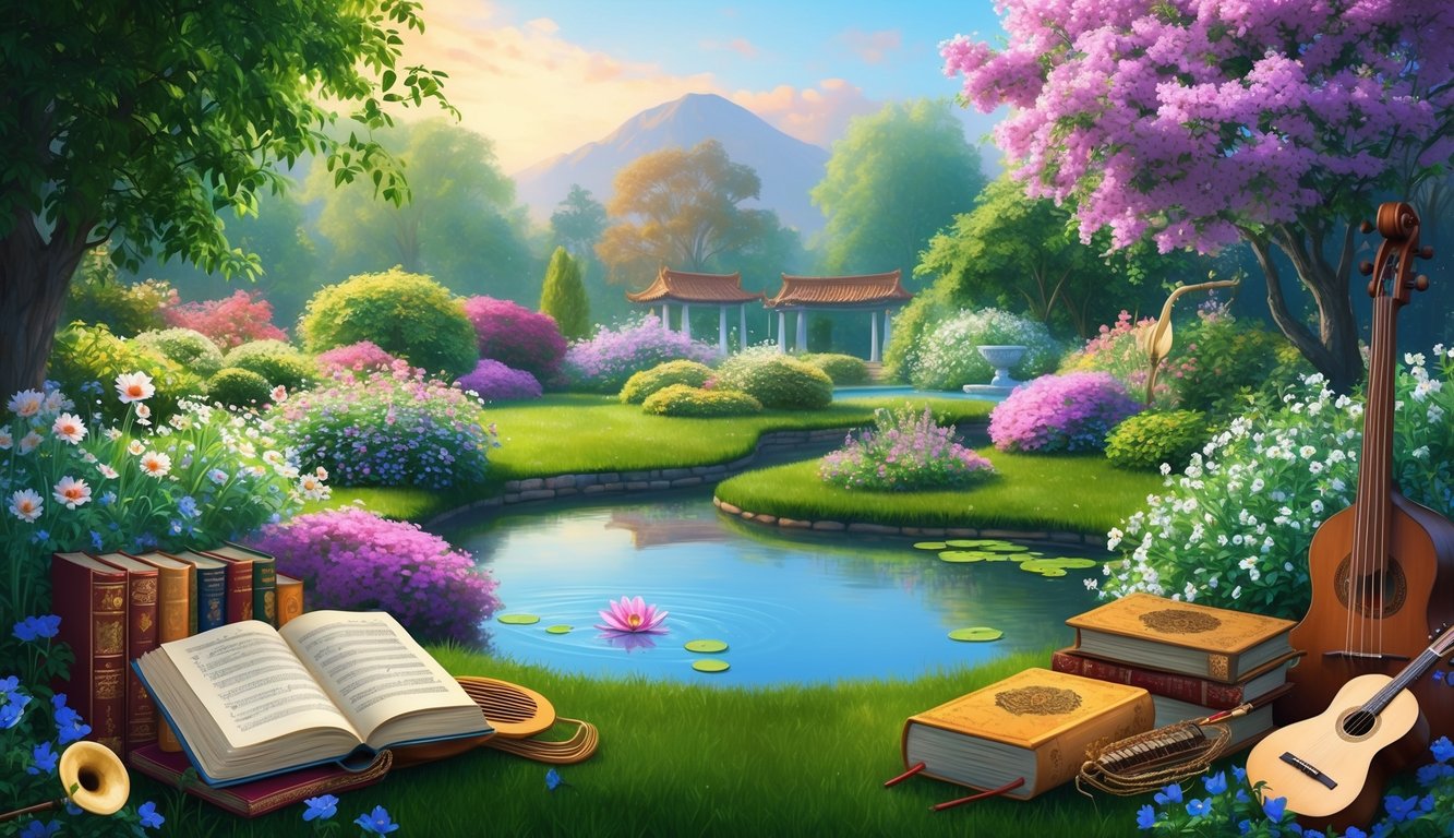 A serene garden with blooming flowers and a tranquil pond, surrounded by ancient wisdom books and musical instruments