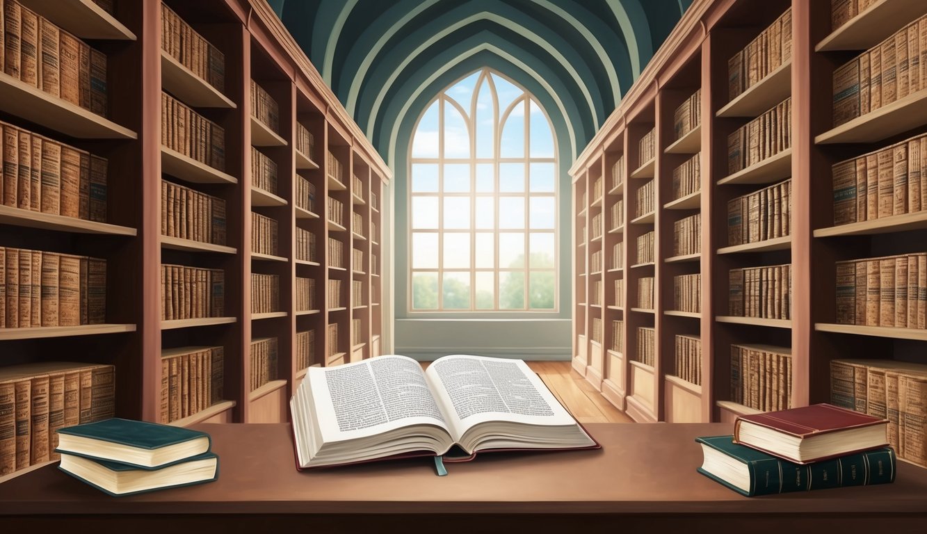 A serene library with shelves of ancient texts and a table with an open book, surrounded by a peaceful atmosphere