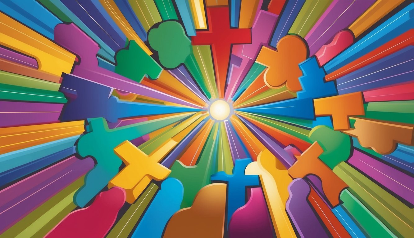 A diverse group of abstract shapes coming together in unity, with interconnected lines and vibrant colors symbolizing inclusion in the Body of Christ