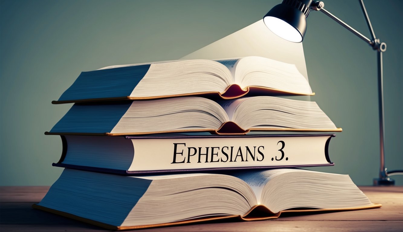 A stack of open books with a spotlight shining on the page marked "Ephesians 3."