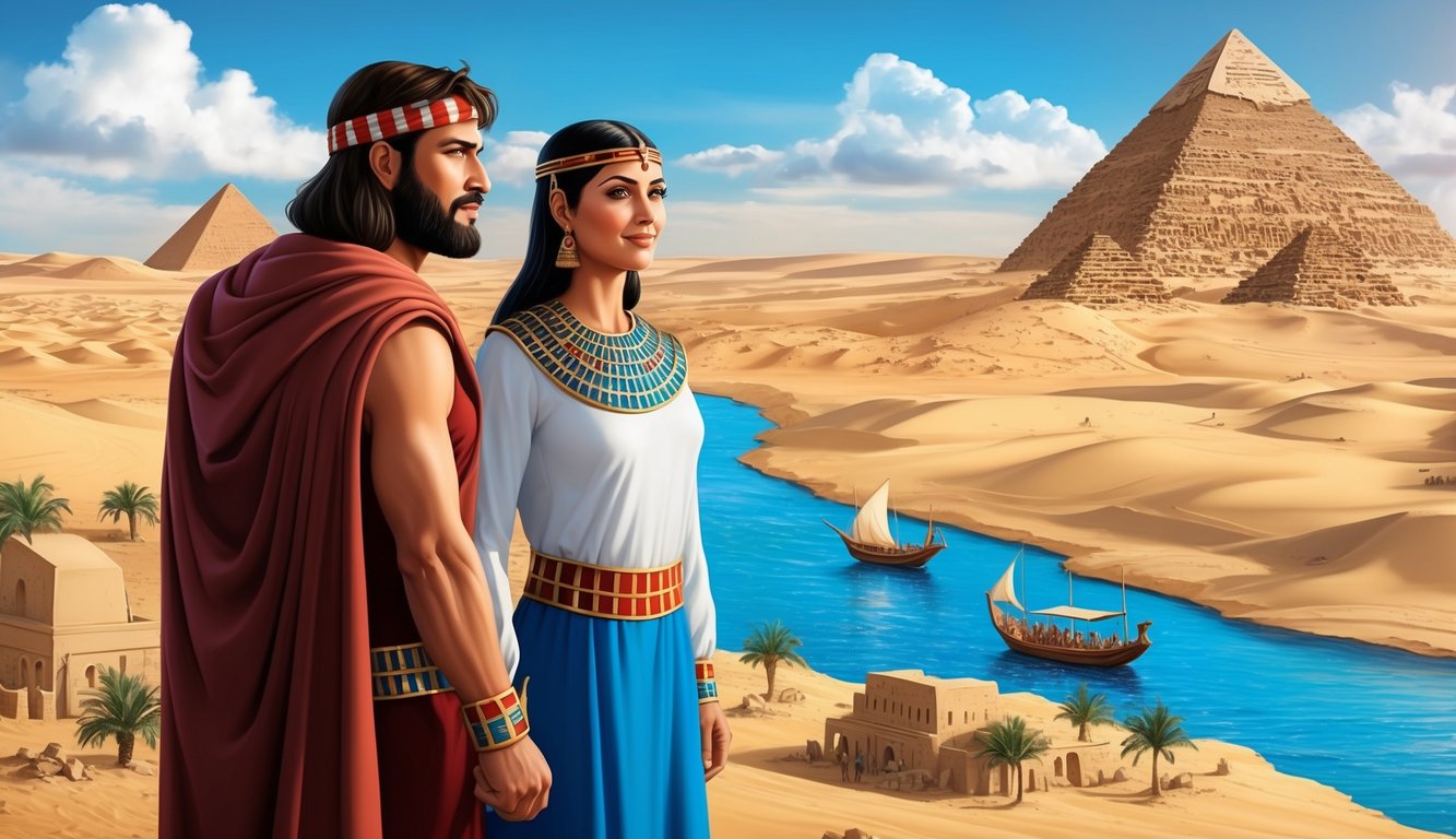 Abram and his wife in Egypt, surrounded by desert and the Nile River