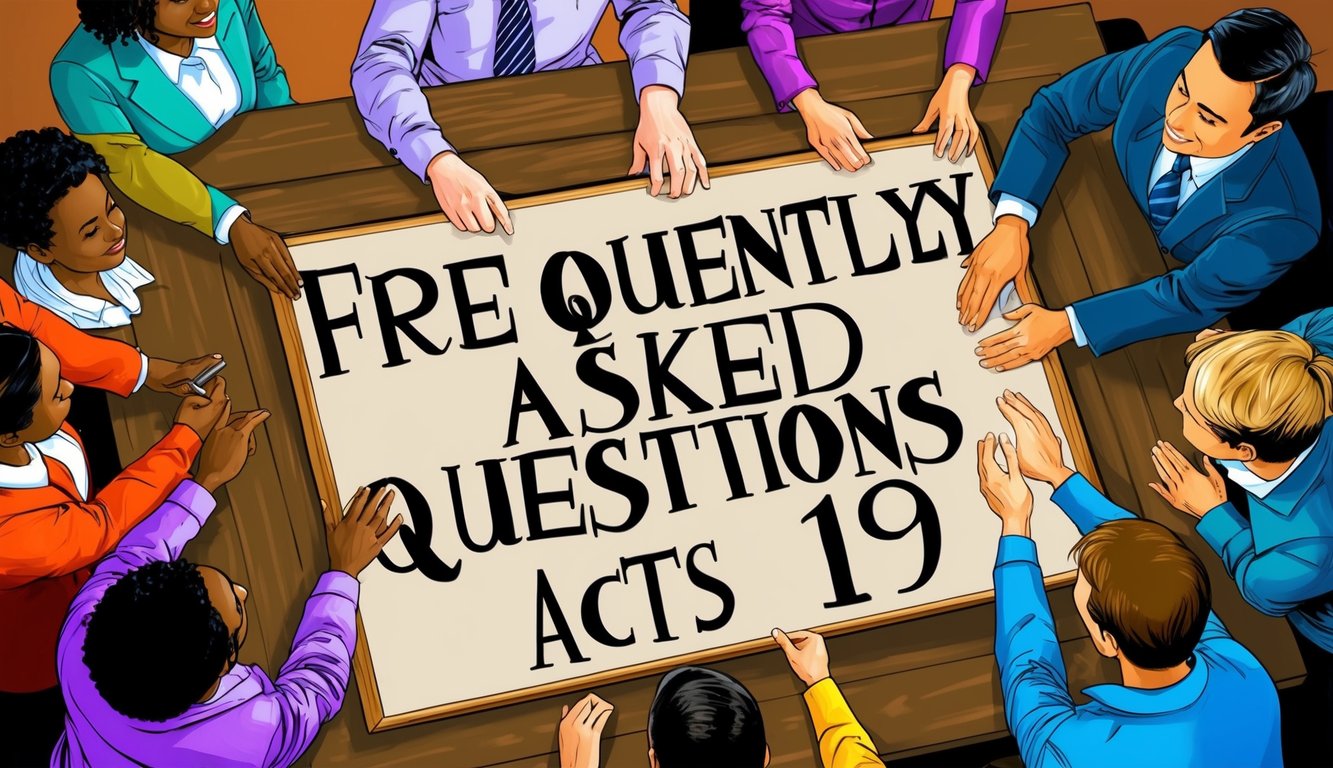 A group of people gathered around a sign with the words "Frequently Asked Questions Acts 19" displayed prominently