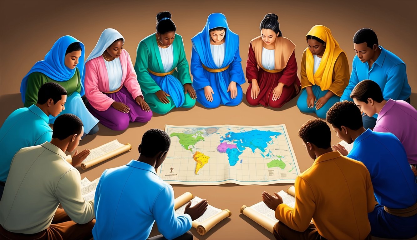 A diverse group gathers in a circle, heads bowed in prayer.</p><p>A map and scrolls lay open before them as they plan their mission