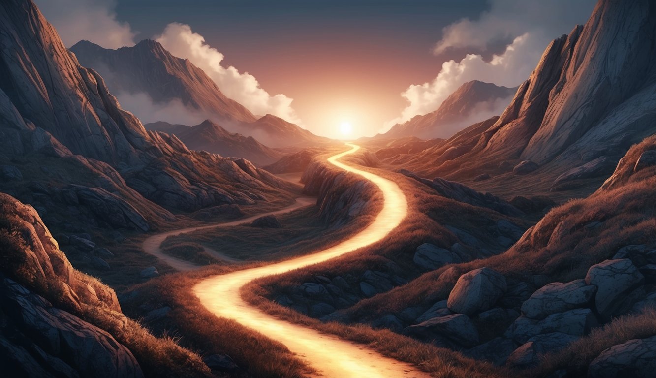 A winding path through a rugged landscape, with a glowing light leading the way